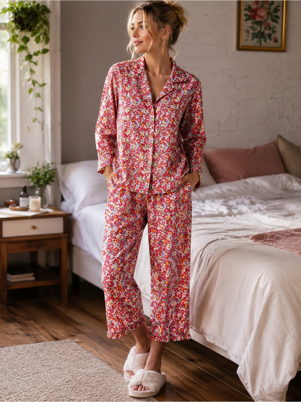 Violet & Brooks Charlotte Pink Floral Pearl Button Cotton Cropped Pajama Set
